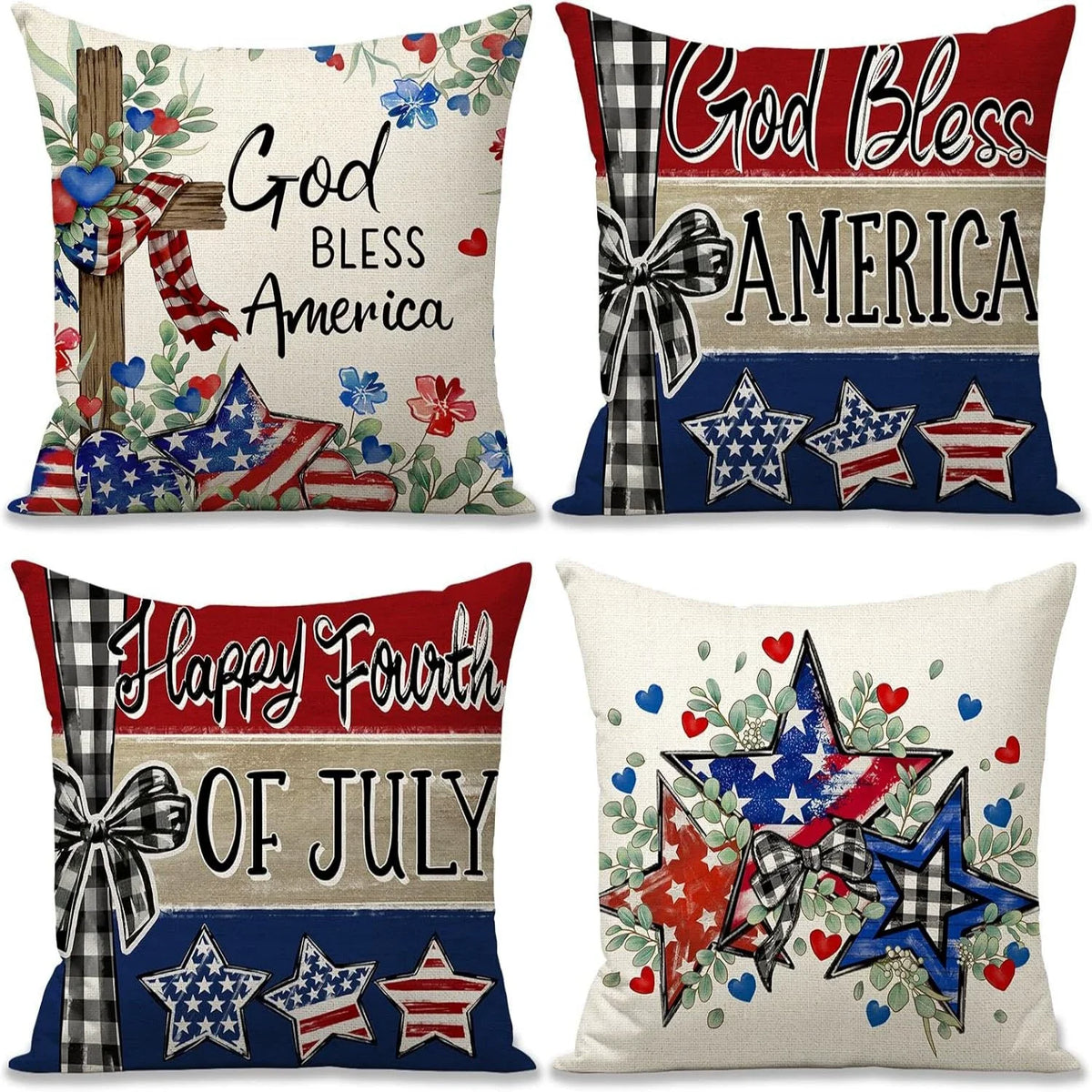 4th of July Pillow Covers 18x18 Set of 4 God Bless America Stars Flower Independence Day Decor Memorial Day Throw Cushion Case