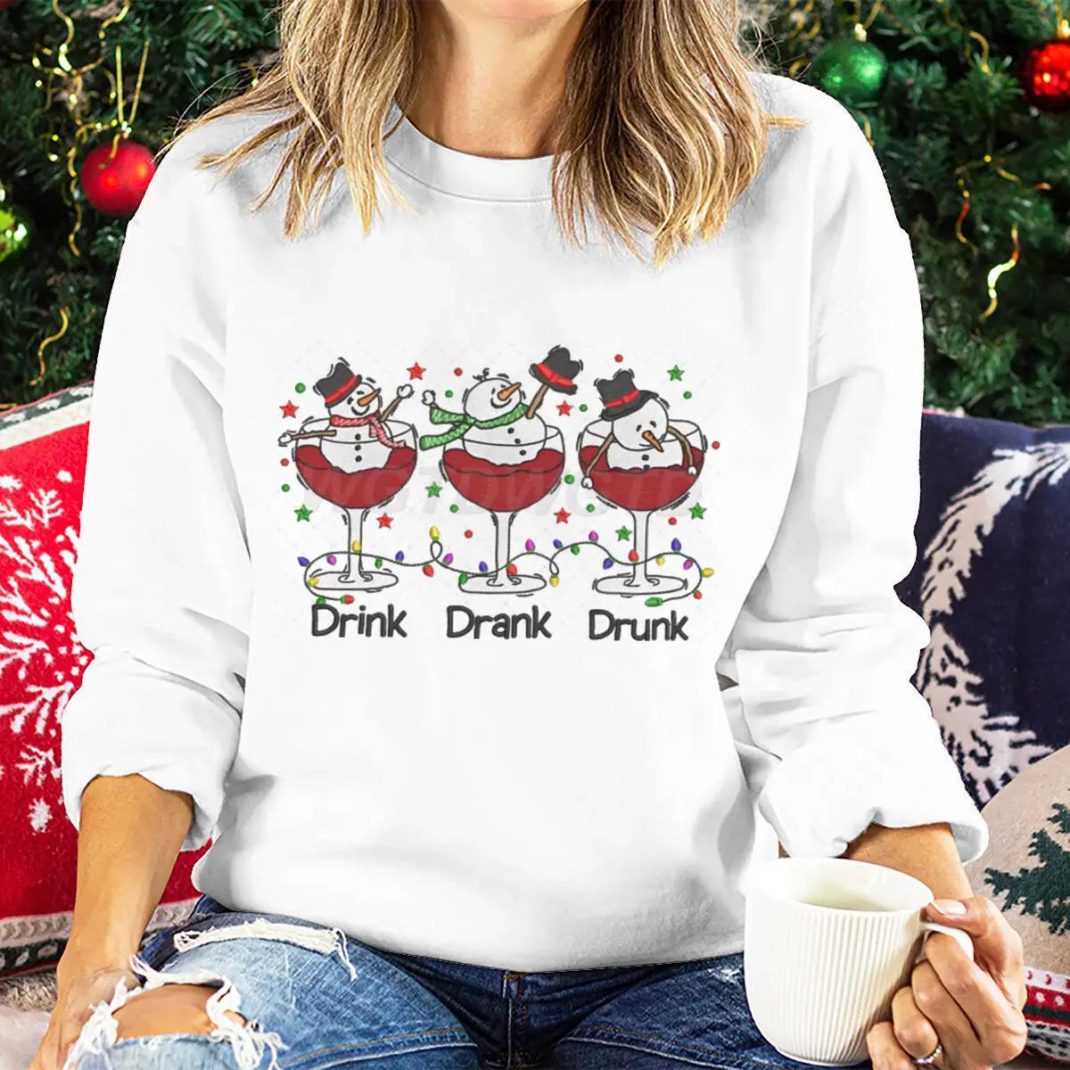 Women Wine Glass Christmas Sweatshirt Jumper Xmas Gifts Cartoon Top Long Sleeves Funny Cute Snowman Harajuku Fashion Sweater