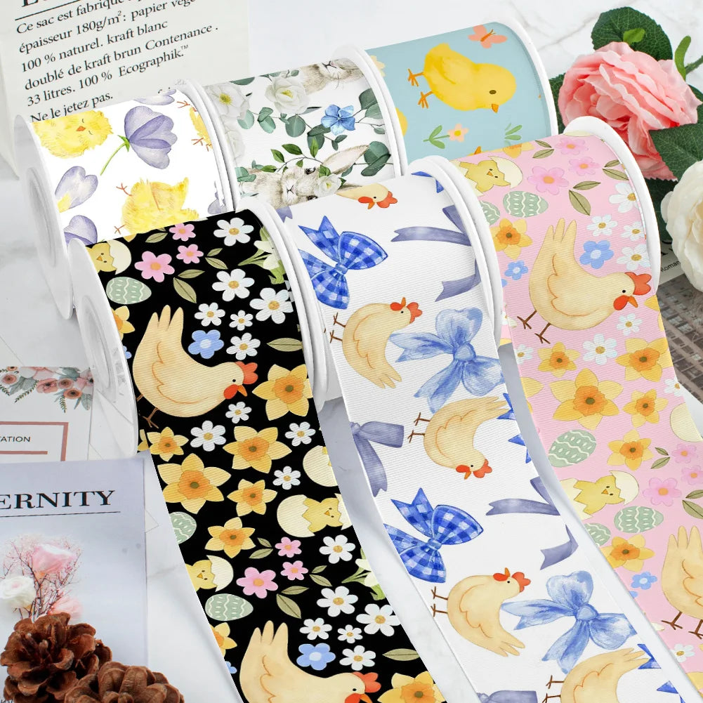 Spring Rabbit Easter Day Chick Cartoon Printed Grosgrain Satin Ribbon for Gift Wrapping Hair Bow Craft Accessory