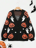 V Neck Cardigan Sweater Length Pumpkin Print Chunky Striped Loose Coat For Women Halloween Casual Autumn Outerwear