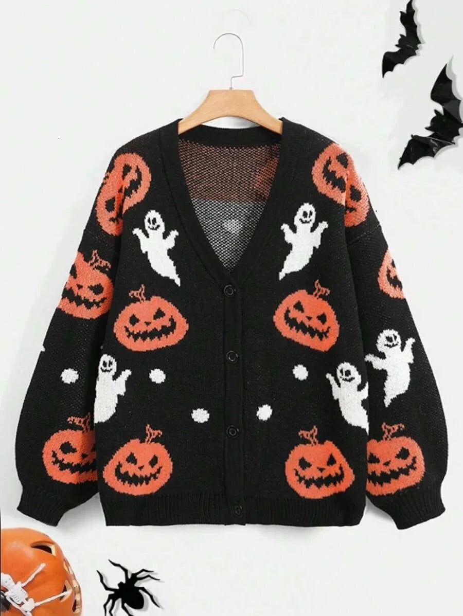 V Neck Cardigan Sweater Length Pumpkin Print Chunky Striped Loose Coat For Women Halloween Casual Autumn Outerwear