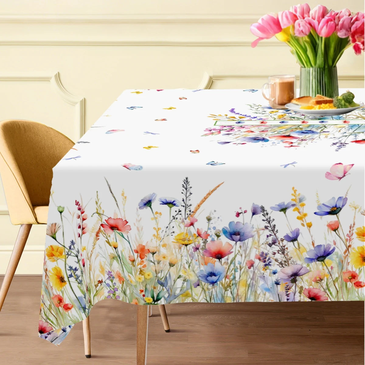 Spring Wildflower Tablecloth Floral Round Table Cover Polyester Table Decor for Easter Birthday Wedding Party Supplies
