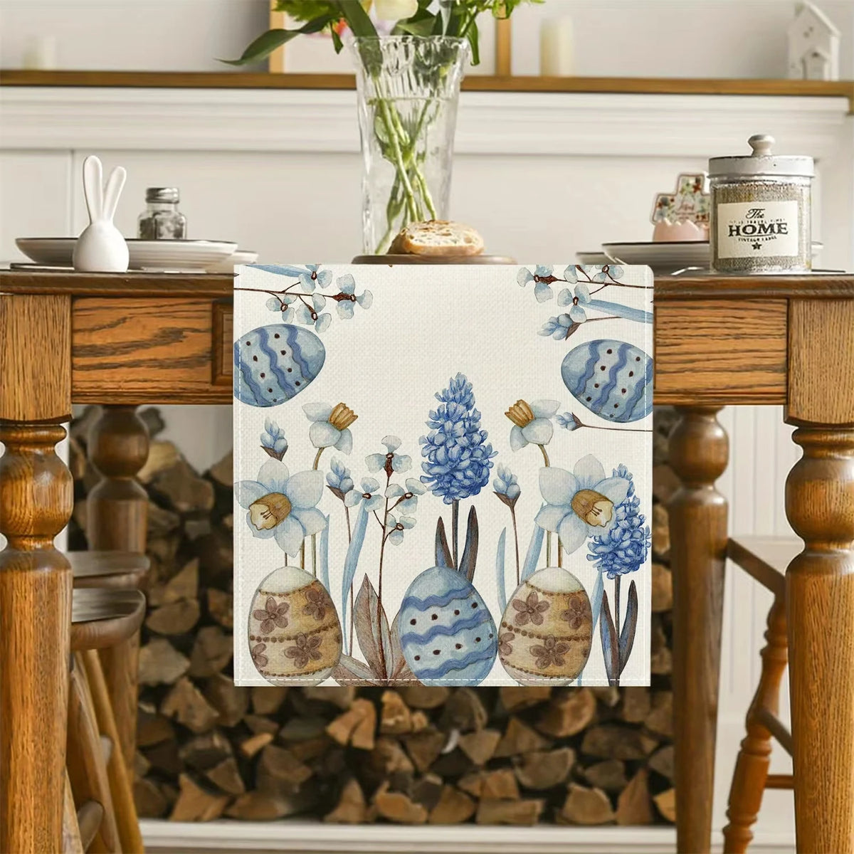 Easter Blue Eggs & Floral Linen Table Runner - Spring Botanical Dresser Scarf for Kitchen Dining Home Holiday Party Decor