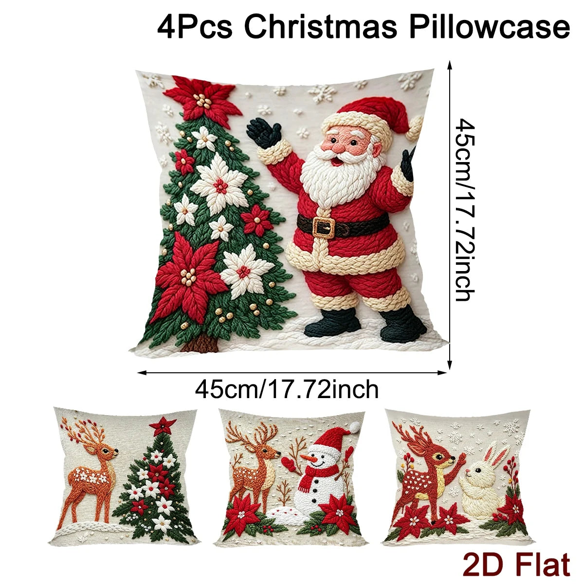 4pcs Merry Christmas 2D Flat Pillowcase Santa Claus Printed Polyester Pillow Cover Family Living Room Sofa Xmas Party Decor