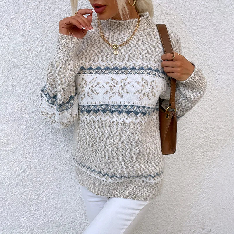 New Trendy Christmas Knitted Long Sleeve Semi High Neck Sweater Women's Snowflake Knitted Top Winter Temperament Casual Pullover