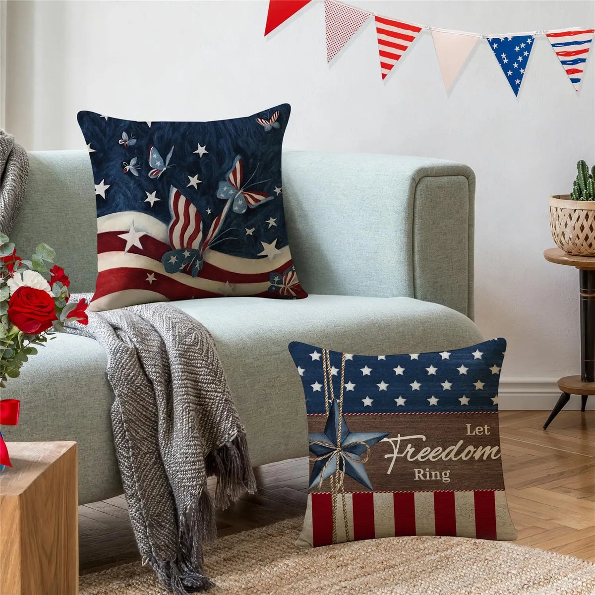 4th of July Pillow Covers 18x18 Set of 4 God Bless America Stars Flower Independence Day Decor Memorial Day Throw Cushion Case
