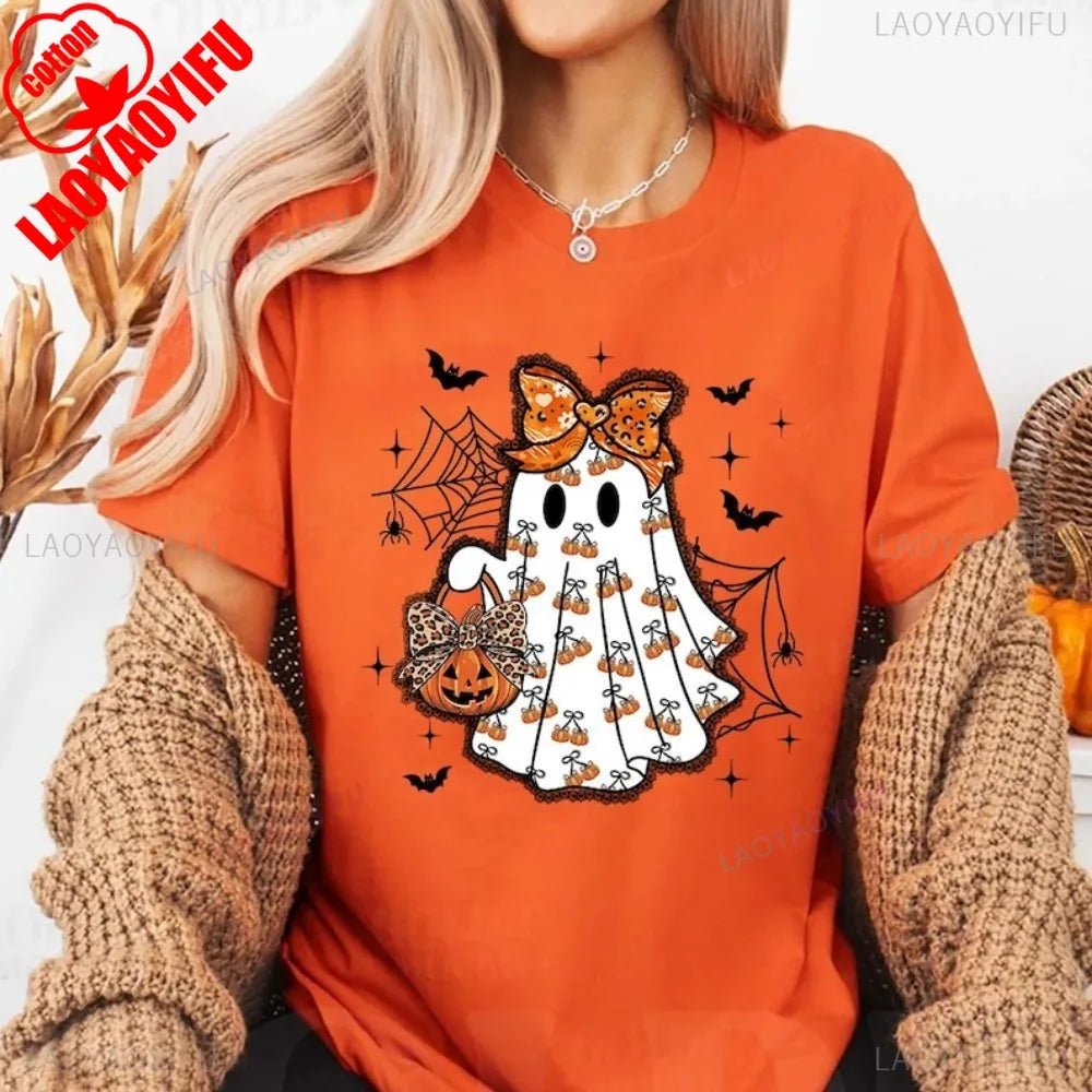 Cute Ghost Halloween Shirt Pumpkin Bow Spooky Season Tee Fall Aesthetic Pumpkin T-Shirt Women Aesthetic Clothes Short-sleeve