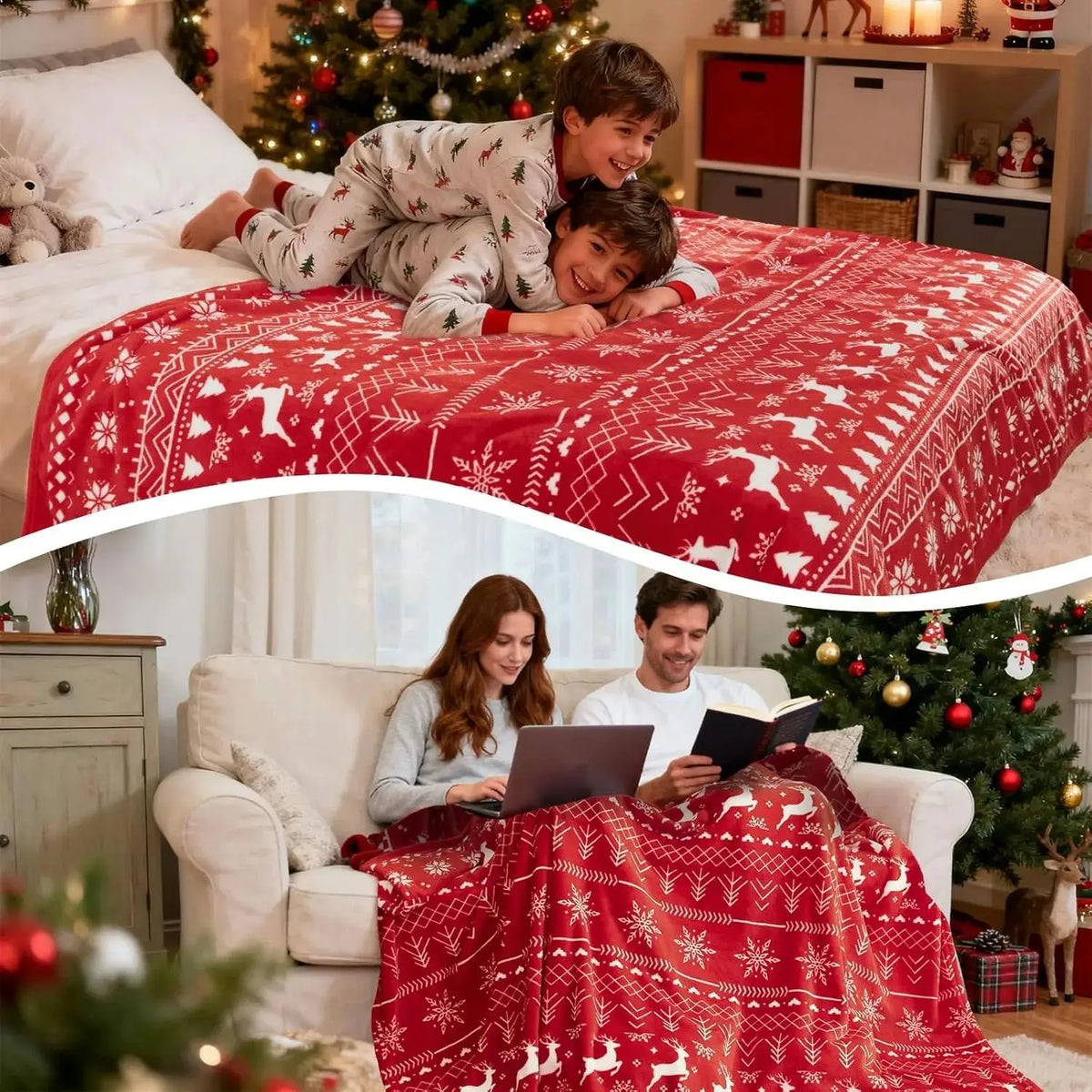 Christmas Red Striped Velvet Blanket with Reindeer Pattern, Festive Decoration, Soft and Lightweight, Suitable for Holiday Use