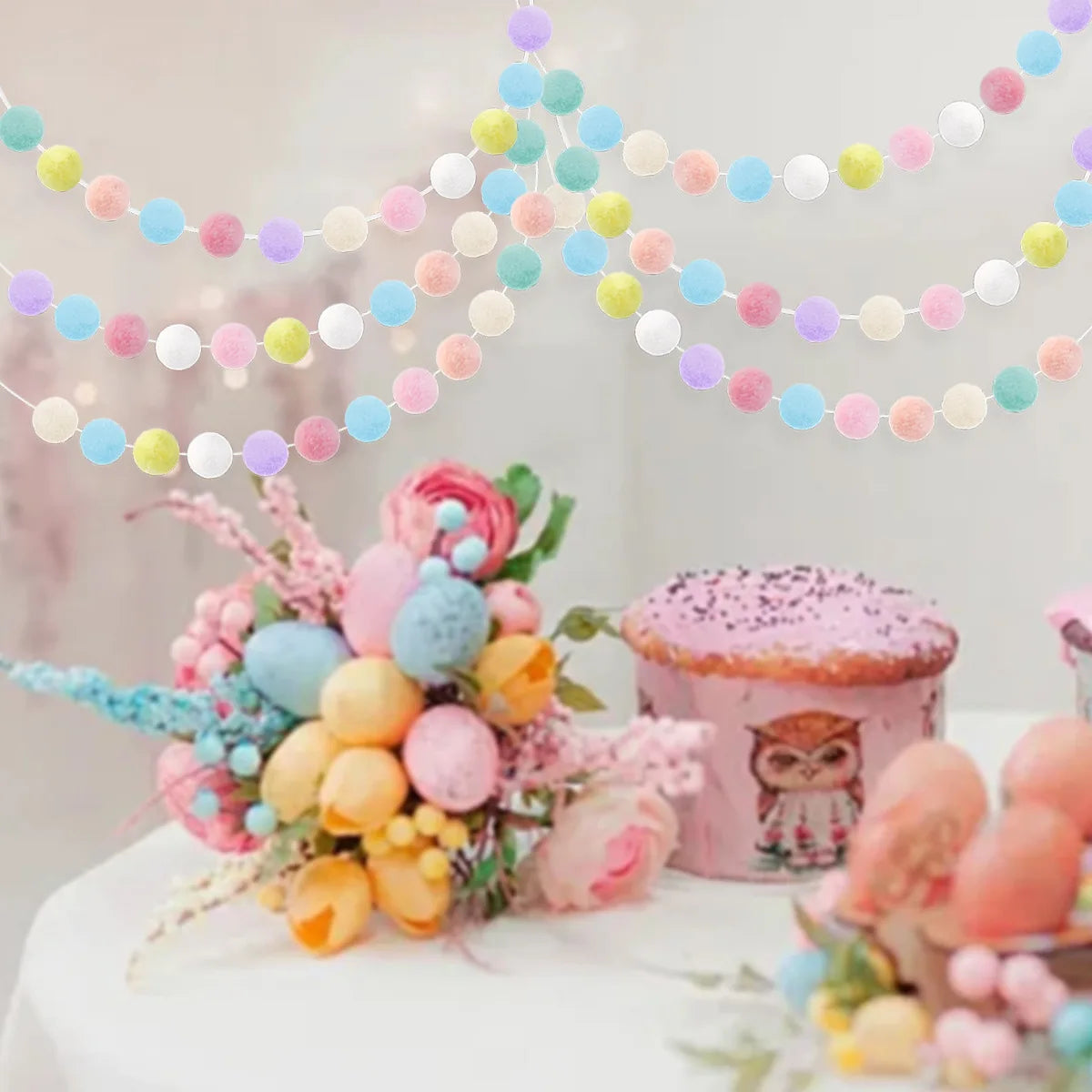 Pastel Pom Garland Hanging Easter Decorations Cute Rainbow Colorful Felt Ball Garland Baby Shower Birthday Party Supplies Favors