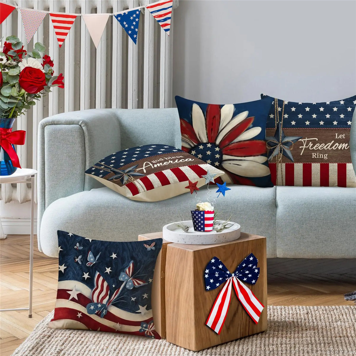 4th of July Pillow Covers 18x18 Set of 4 God Bless America Stars Flower Independence Day Decor Memorial Day Throw Cushion Case
