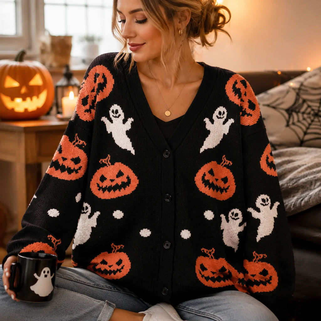 V Neck Cardigan Sweater Length Pumpkin Print Chunky Striped Loose Coat For Women Halloween Casual Autumn Outerwear