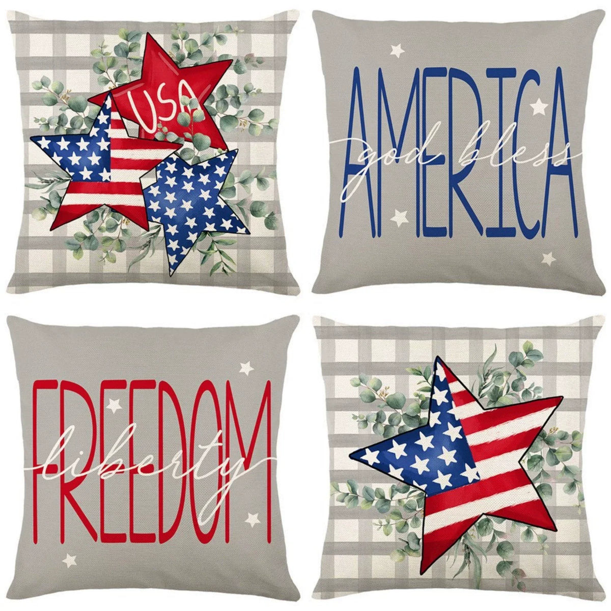 4th of July Pillow Covers 18x18 Set of 4 God Bless America Stars Flower Independence Day Decor Memorial Day Throw Cushion Case