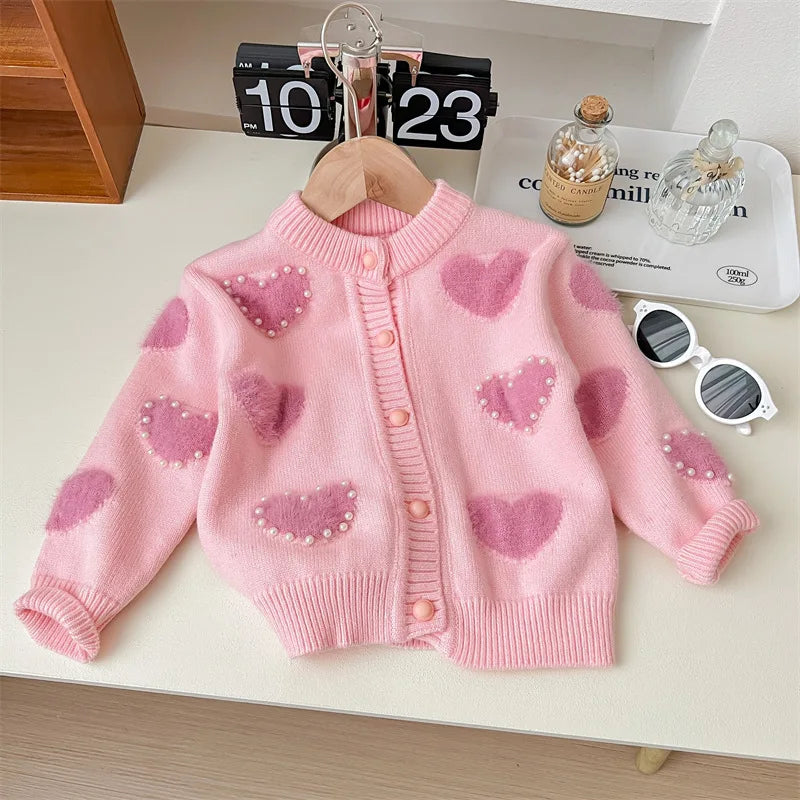 Girls Spring and Autumn New Korean Style Sweet Casual Heart-shaped Sweater Cardigan