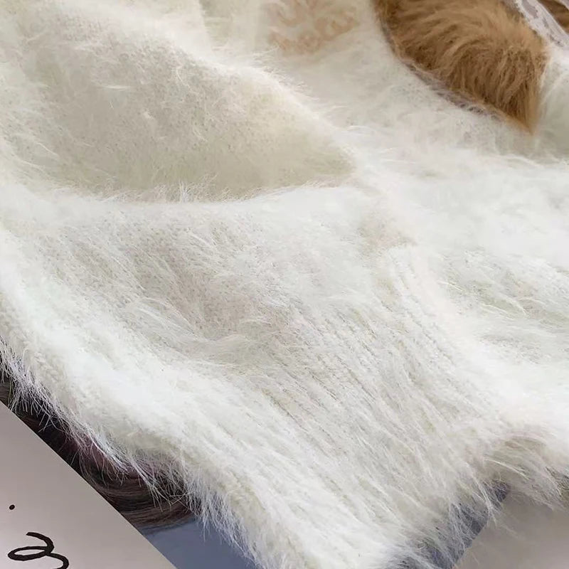 Soft Fuzzy Women Bear Pattern Sweater V Neck Faux Mink Pullover Lace Bow Applique White Cute Oversized Cozy Winter Top