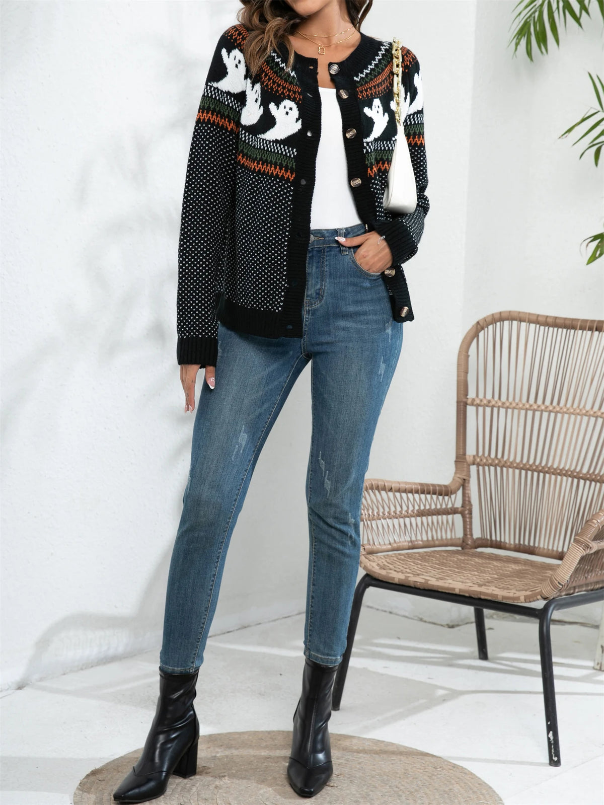 Halloween Ghost Pattern Vintage Crew Neck Button Front Long Sleeve Cardigan Retro Fashion Staple Women Sweater