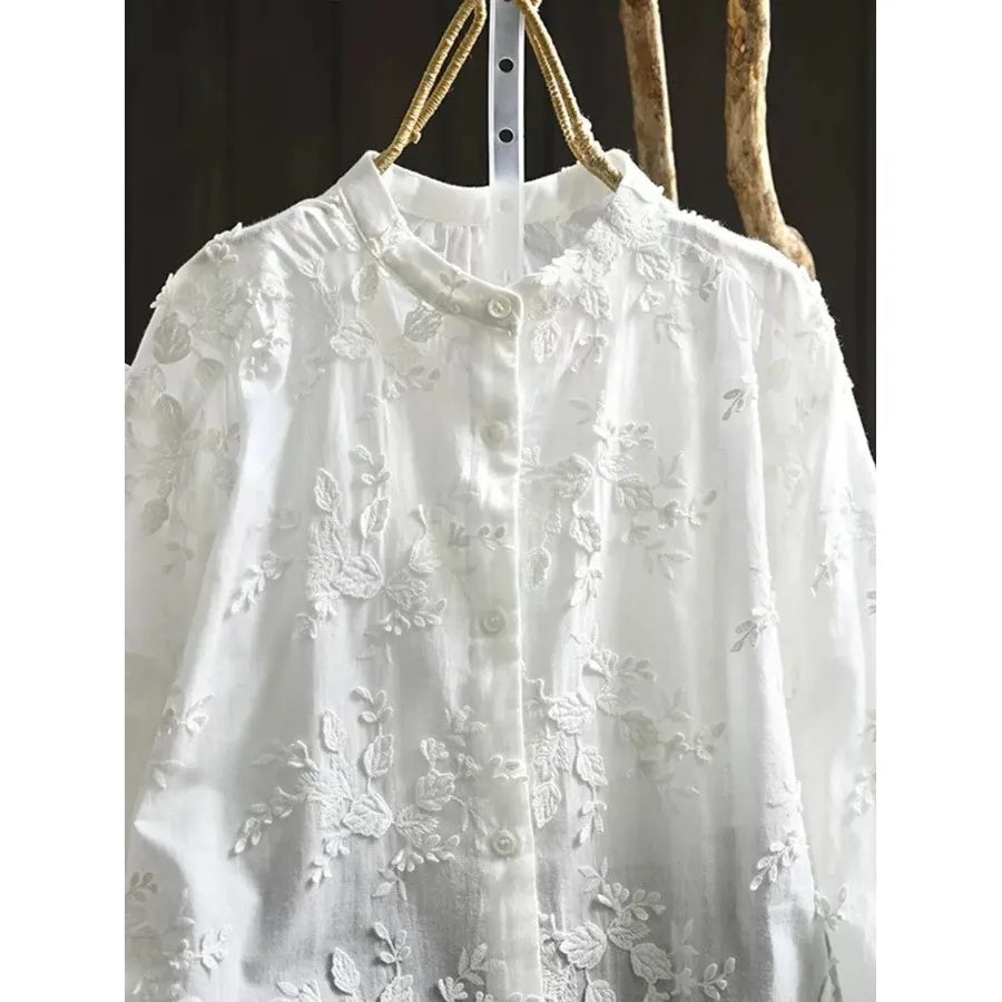 SuperAen Spring New Three-dimensional Flower Embroidered Cotton White Shirt Women Loose Sweet O-neck Long-sleeved Shirts
