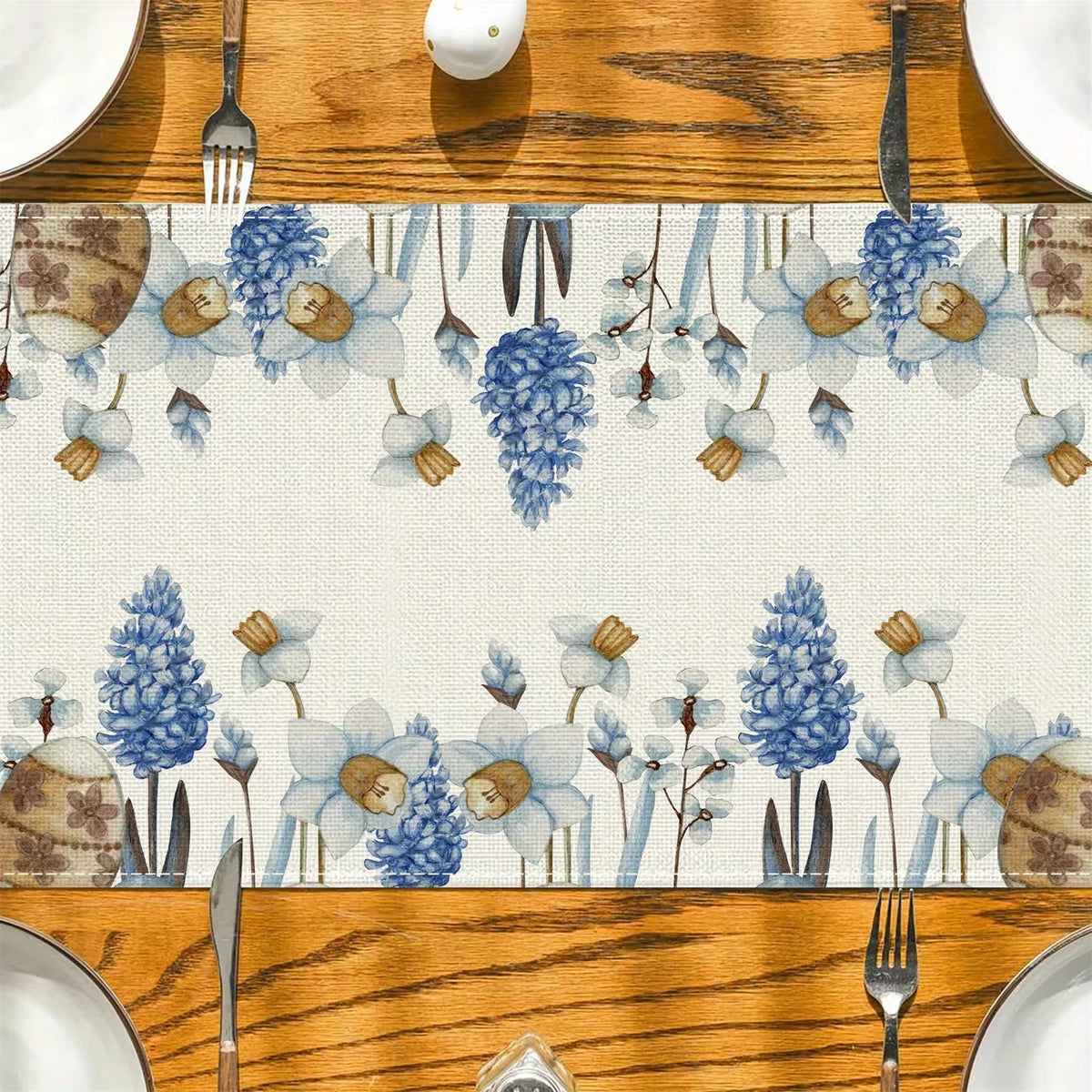 Easter Blue Eggs & Floral Linen Table Runner - Spring Botanical Dresser Scarf for Kitchen Dining Home Holiday Party Decor