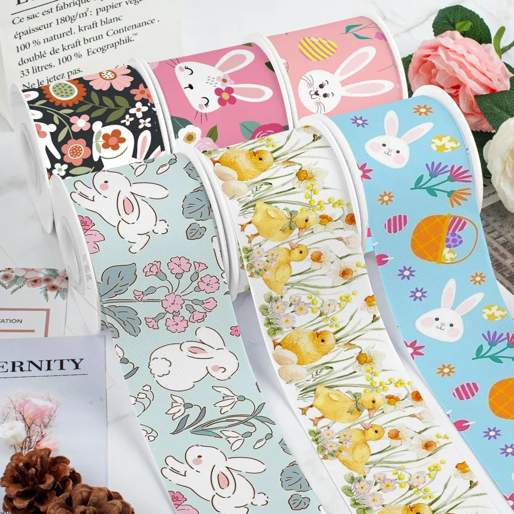 Spring Rabbit Easter Day Chick Cartoon Printed Grosgrain Satin Ribbon for Gift Wrapping Hair Bow Craft Accessory