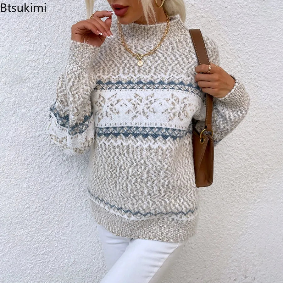 New Trendy Christmas Knitted Long Sleeve Semi High Neck Sweater Women's Snowflake Knitted Top Winter Temperament Casual Pullover