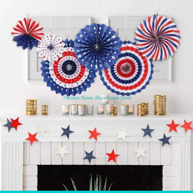 H7BF American Independence Day Paper Fan 6pcs/set Party String Flags for Banner Decor for 4 of July Memorial Day Wall