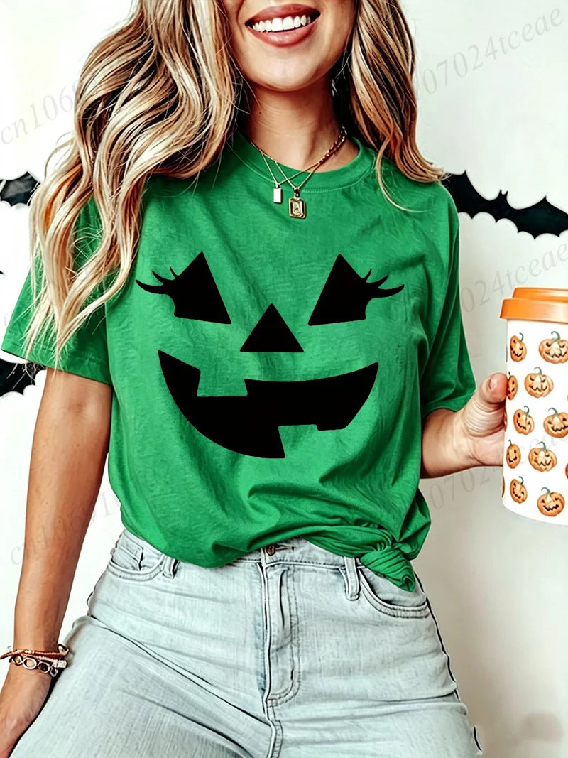 Funny Evil Pumpkin Face Halloween Women Tees Funny Spooky Season Tshirt Female Clothes Short Sleeve Tops Fashion Graphic Shirt