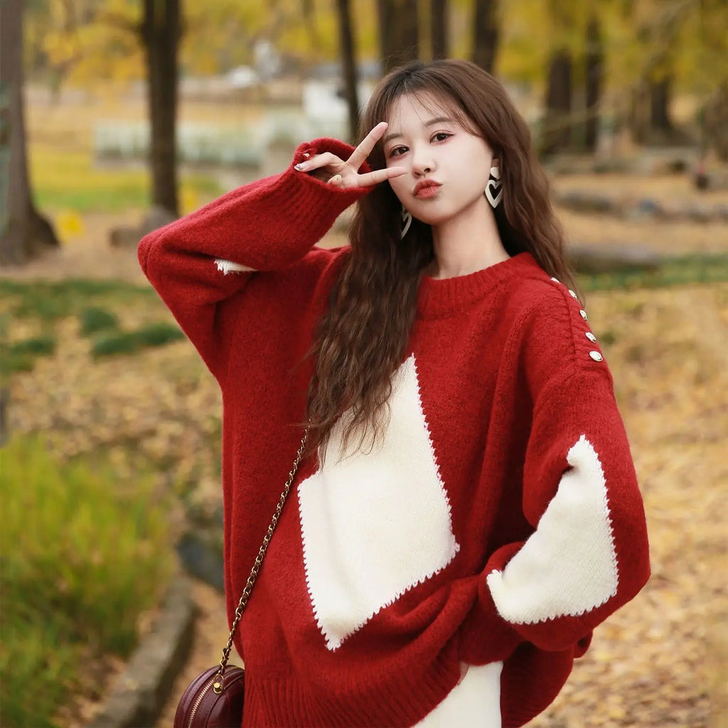 Christmas Red Loose Pullover Sweater for Women 2025 Autumn and Winter New Fashion Knitted Top Thick