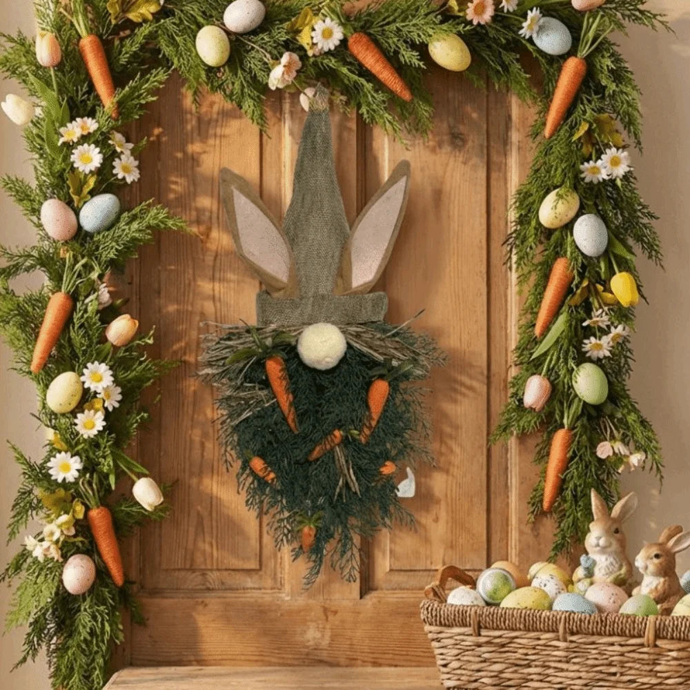 Rustic Style Easter Gnome Pendant Plastic Handmade Easter Bunny Wreath With Carrot Rabbit Ears Door Hanger Garden Decor