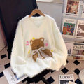 Soft Fuzzy Women Bear Pattern Sweater V Neck Faux Mink Pullover Lace Bow Applique White Cute Oversized Cozy Winter Top
