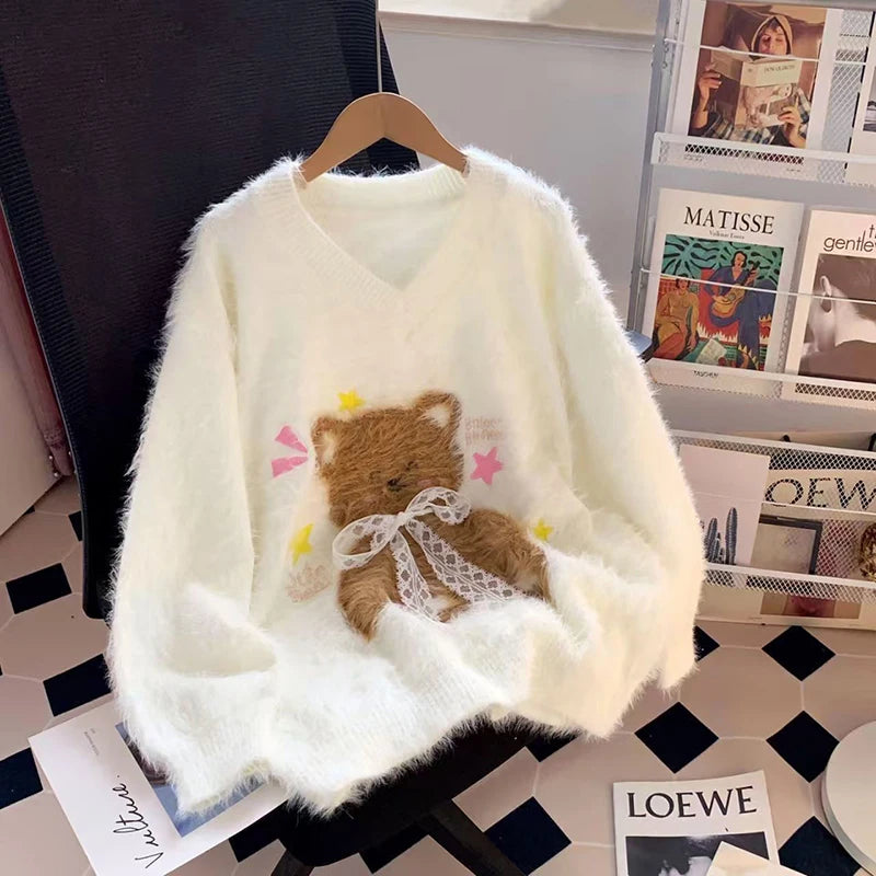 Soft Fuzzy Women Bear Pattern Sweater V Neck Faux Mink Pullover Lace Bow Applique White Cute Oversized Cozy Winter Top