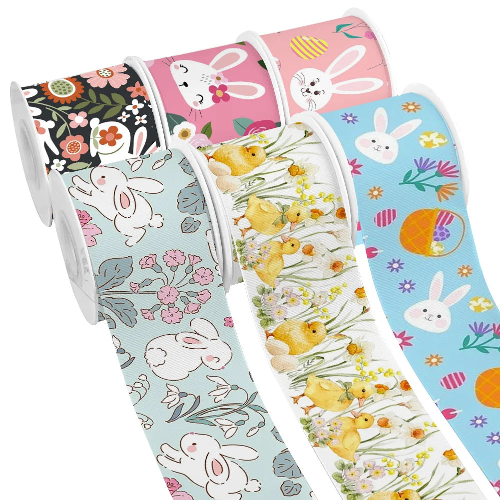 Spring Rabbit Easter Day Chick Cartoon Printed Grosgrain Satin Ribbon for Gift Wrapping Hair Bow Craft Accessory