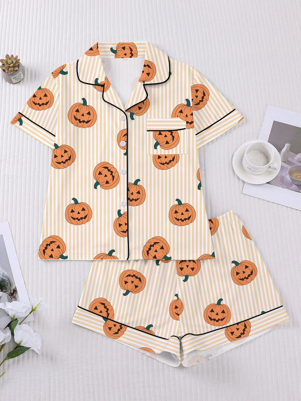 Women's Sleepwear Halloween Print Pajamas Set Collar Short Sleeved Shirt With Shorts Home Suit Set Loungewear Set Pyjama Suit