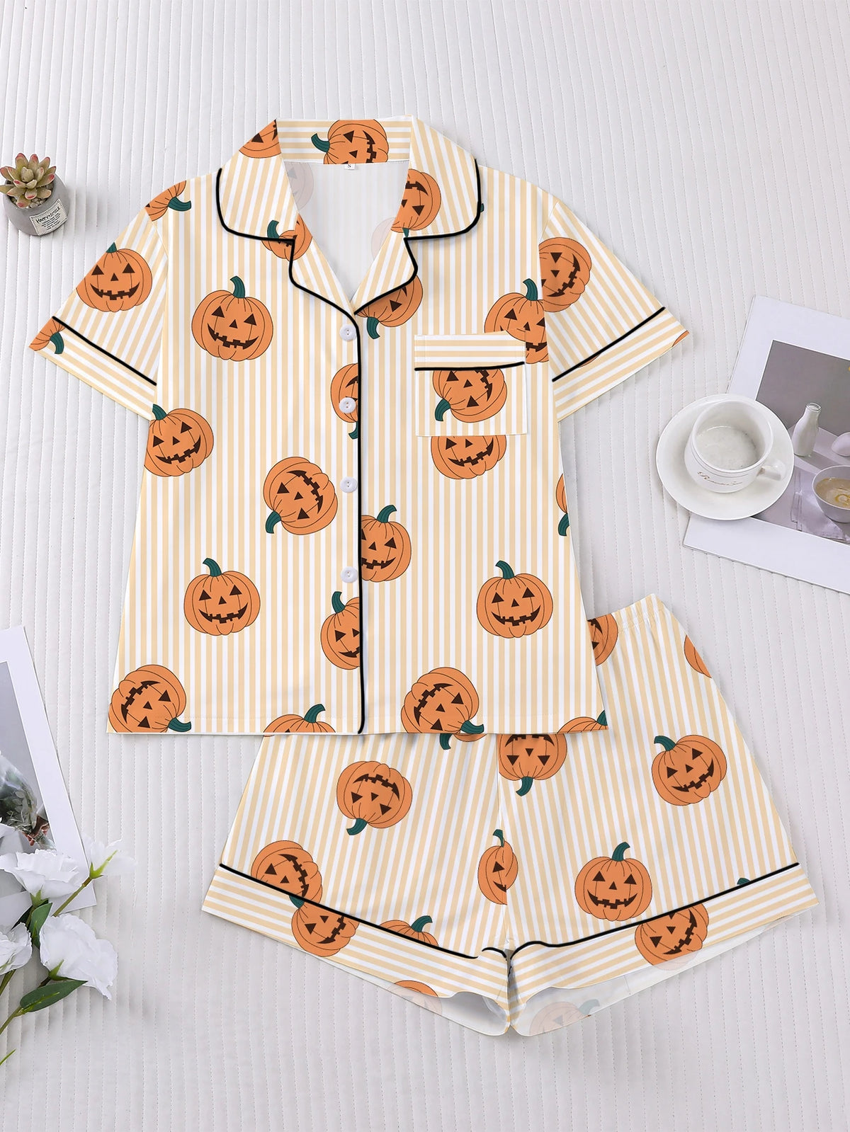 Women's Sleepwear Halloween Print Pajamas Set Collar Short Sleeved Shirt With Shorts Home Suit Set Loungewear Set Pyjama Suit