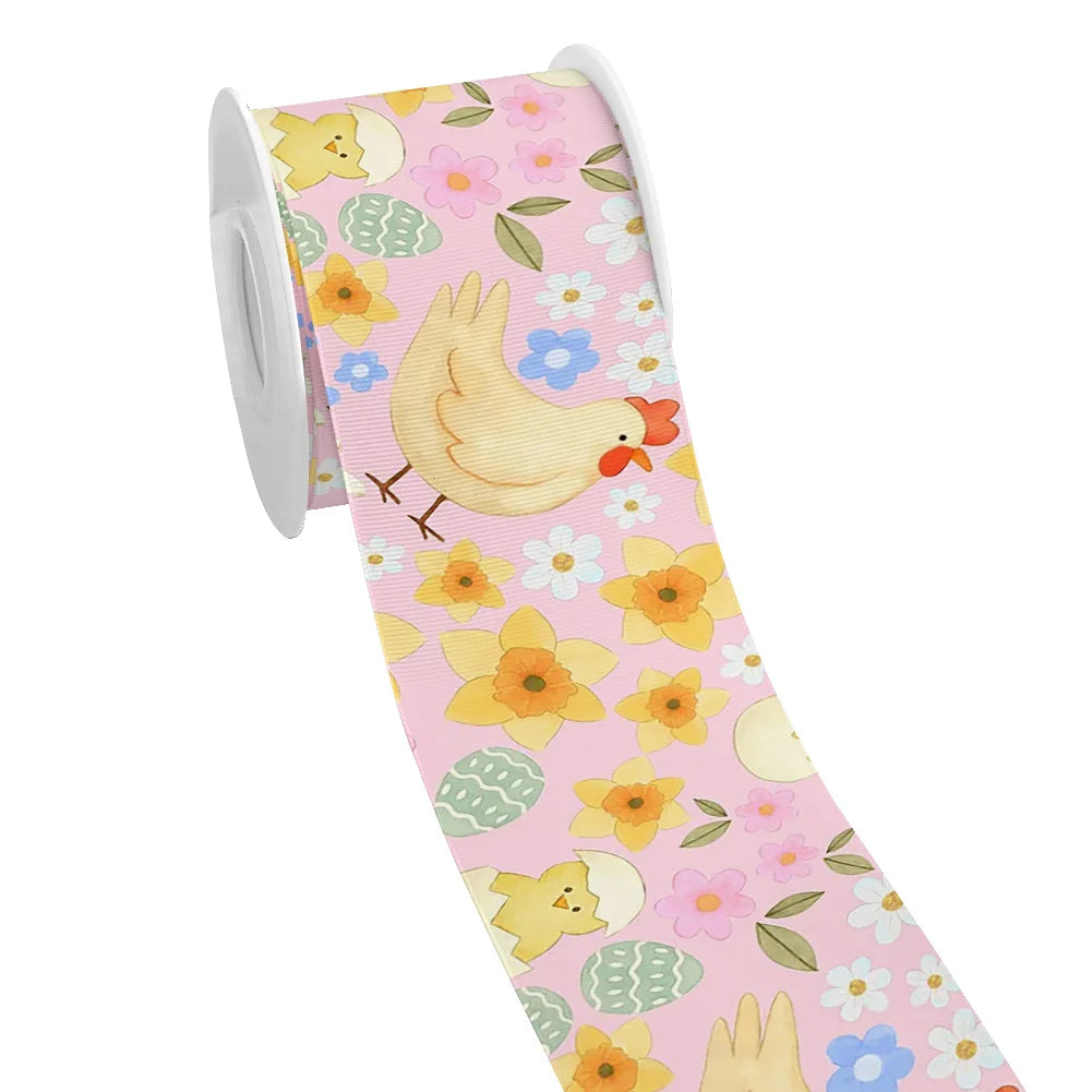 Spring Rabbit Easter Day Chick Cartoon Printed Grosgrain Satin Ribbon for Gift Wrapping Hair Bow Craft Accessory