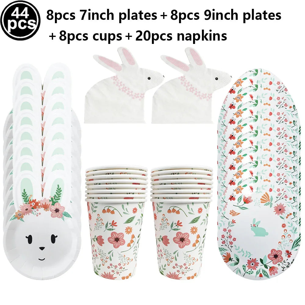 Easter Theme Disposable Tableware Cute Cartoon Bunny Rabbit Pattern Paper Plates Cups Napkins Kids Favor Easter Party Decoration