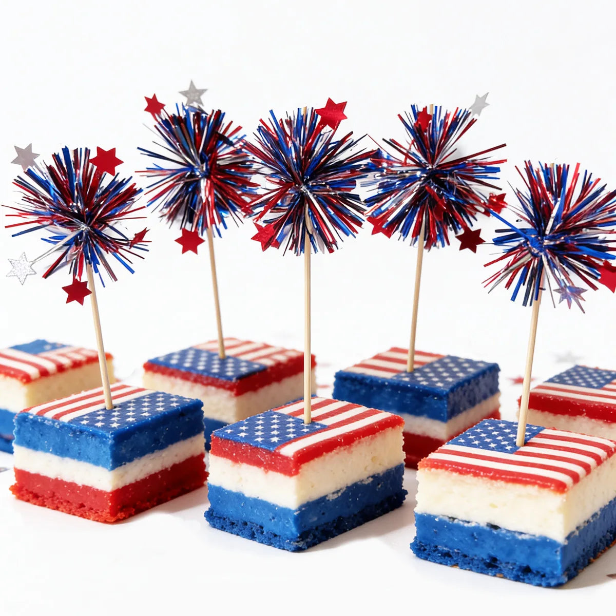 20Pcs Independence Day Theme Sequin Cake Toppers Fruit Forks for 4th of July American National Day Party Cupcake Decoration
