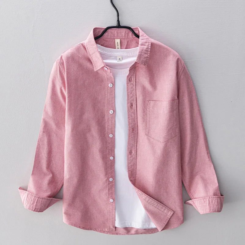 Spring Pink Shirts For Men Autumn Casual Slim Fit 100% Cotton Oxford Long Sleeve Shirt Men's Vintage button down shirt Clothes