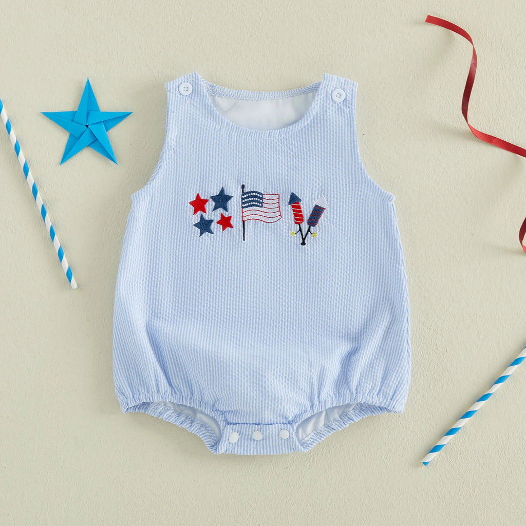 Citgeett Summer Independence Day Infant Baby Boys Striped Bodysuit 4th of July Star Flag Embroidery Sleeveless Jumpsuit Clothes