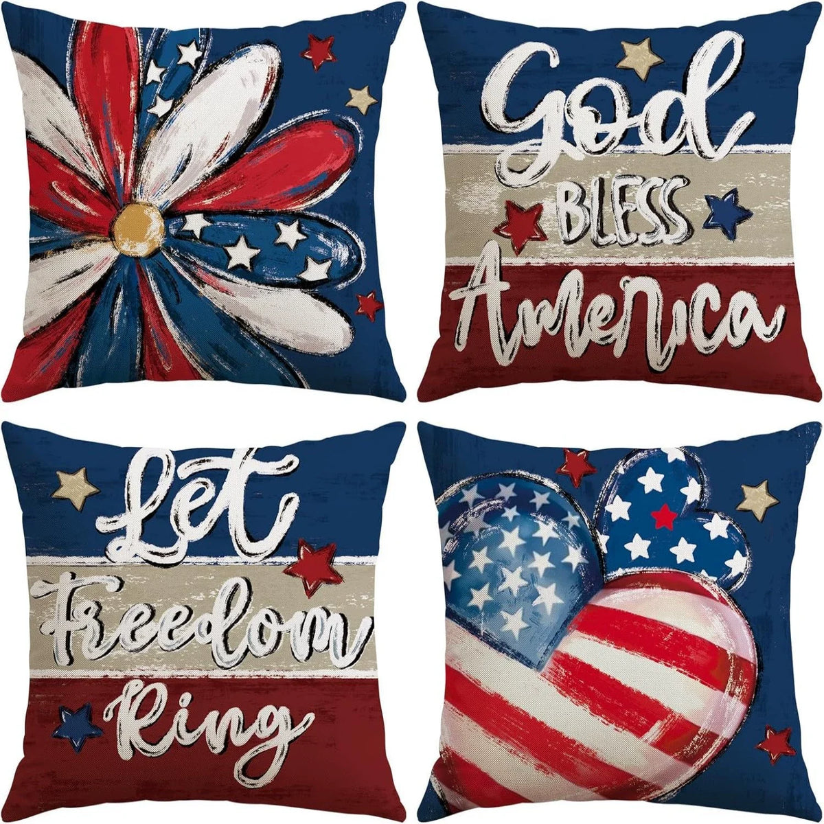 4th of July Pillow Covers 18x18 Set of 4 God Bless America Stars Flower Independence Day Decor Memorial Day Throw Cushion Case