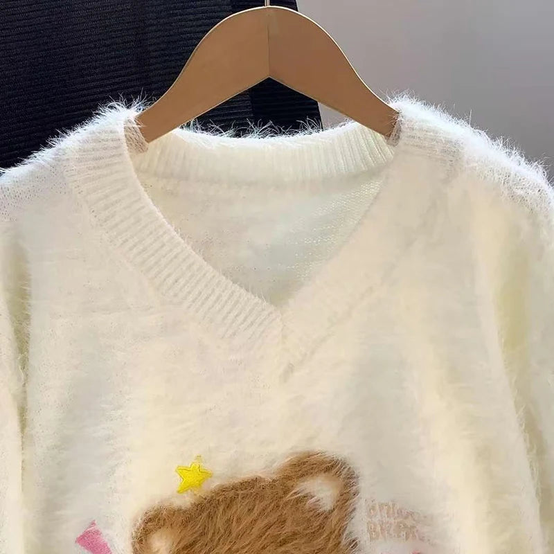 Soft Fuzzy Women Bear Pattern Sweater V Neck Faux Mink Pullover Lace Bow Applique White Cute Oversized Cozy Winter Top