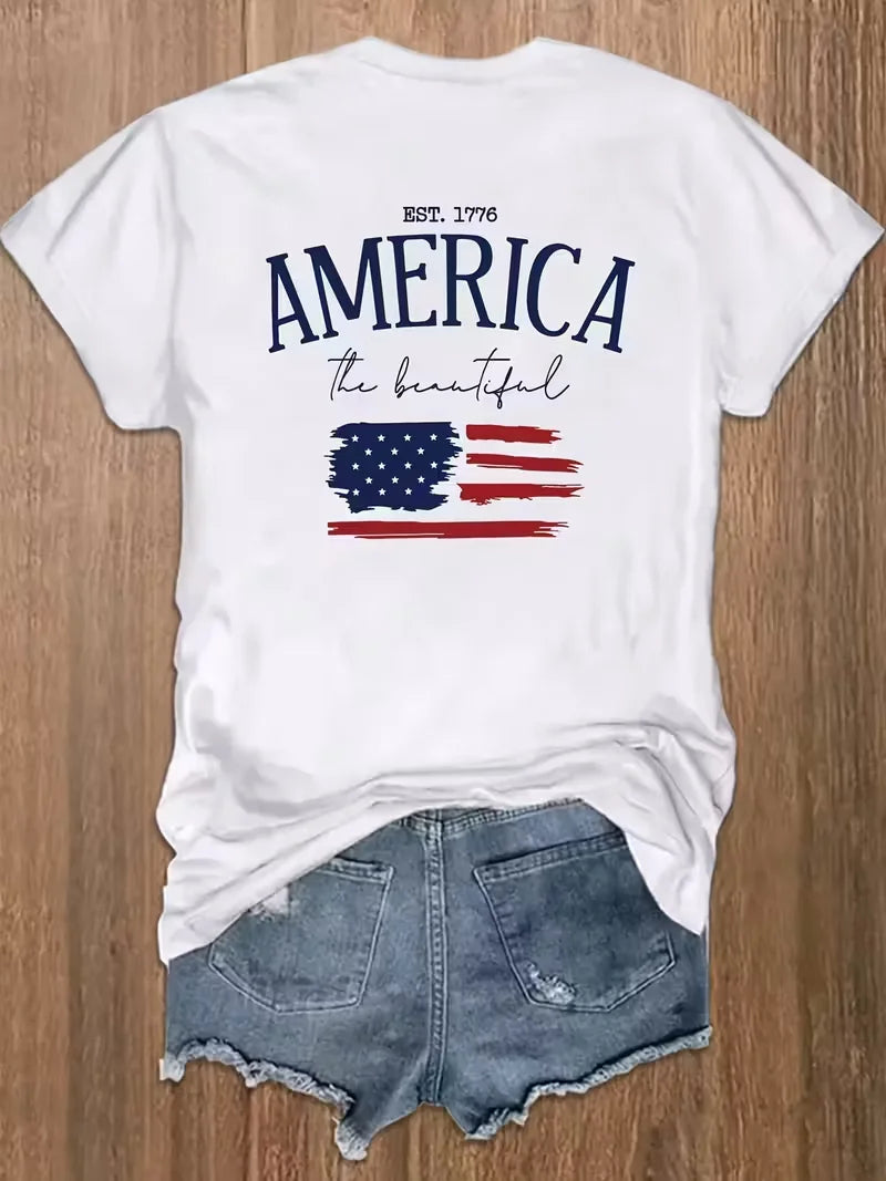 God Bless America Tee Women's Patriotic USA Flag Floral Bowknot Print T-Shirt - 4th of July Independence Day Design T-Shirts