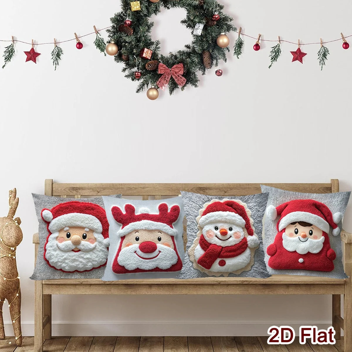 4pcs Merry Christmas 2D Flat Pillowcase Santa Claus Printed Polyester Pillow Cover Family Living Room Sofa Xmas Party Decor