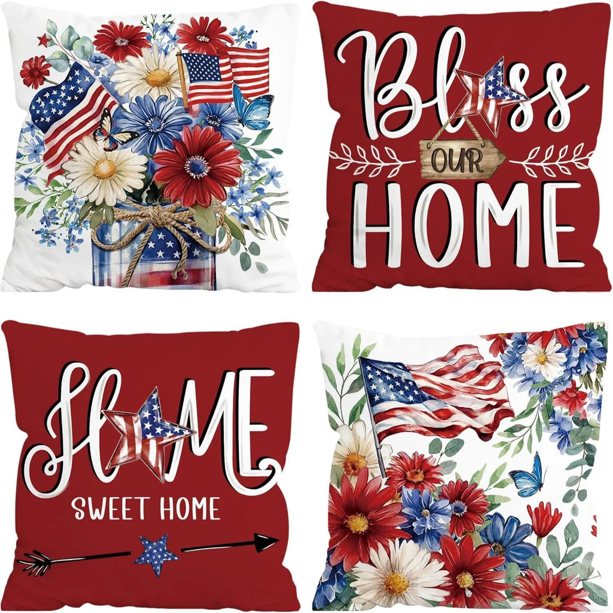 4th of July Pillow Covers 18x18 Set of 4 God Bless America Stars Flower Independence Day Decor Memorial Day Throw Cushion Case
