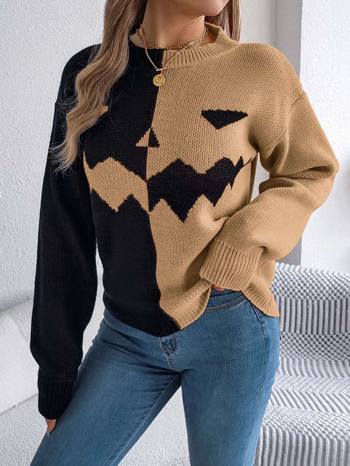Halloween Women's Contrast Color Pumpkin Pattern Sweaters 2026 Autumn Winter Casual Round Neck Long Sleeve Knitted Pullover