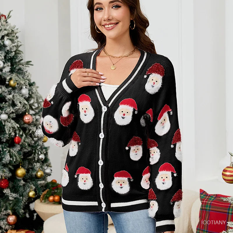 Women's Christmas Sweater Jacket Cosplay Santa Claus Print Warm Soft Knit Cardigan New Year Clothing Christmas Party Cardigan