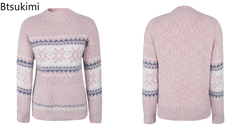 New Trendy Christmas Knitted Long Sleeve Semi High Neck Sweater Women's Snowflake Knitted Top Winter Temperament Casual Pullover