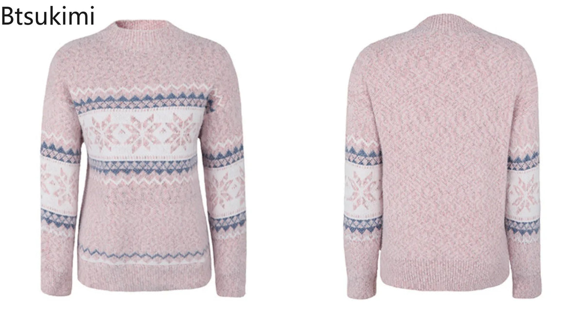 New Trendy Christmas Knitted Long Sleeve Semi High Neck Sweater Women's Snowflake Knitted Top Winter Temperament Casual Pullover