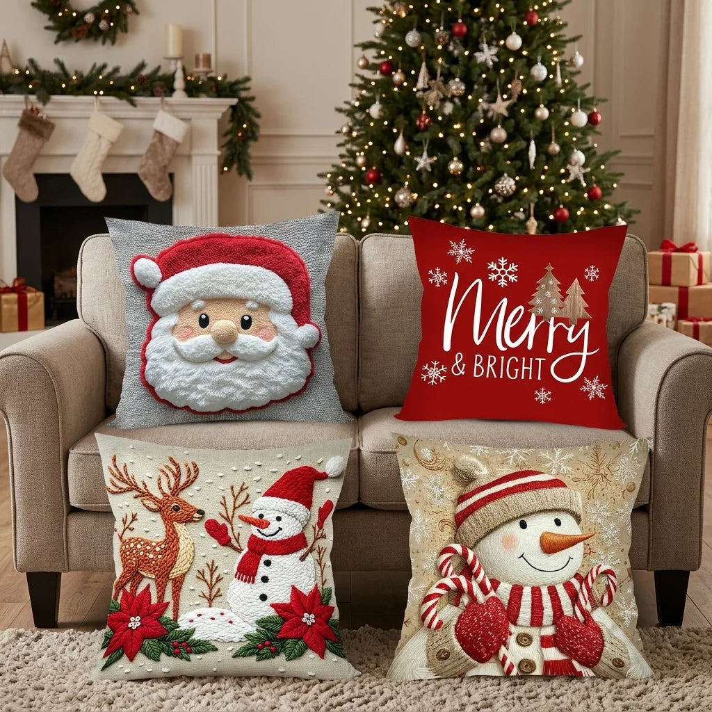 4pcs Merry Christmas 2D Flat Pillowcase Santa Claus Printed Polyester Pillow Cover Family Living Room Sofa Xmas Party Decor