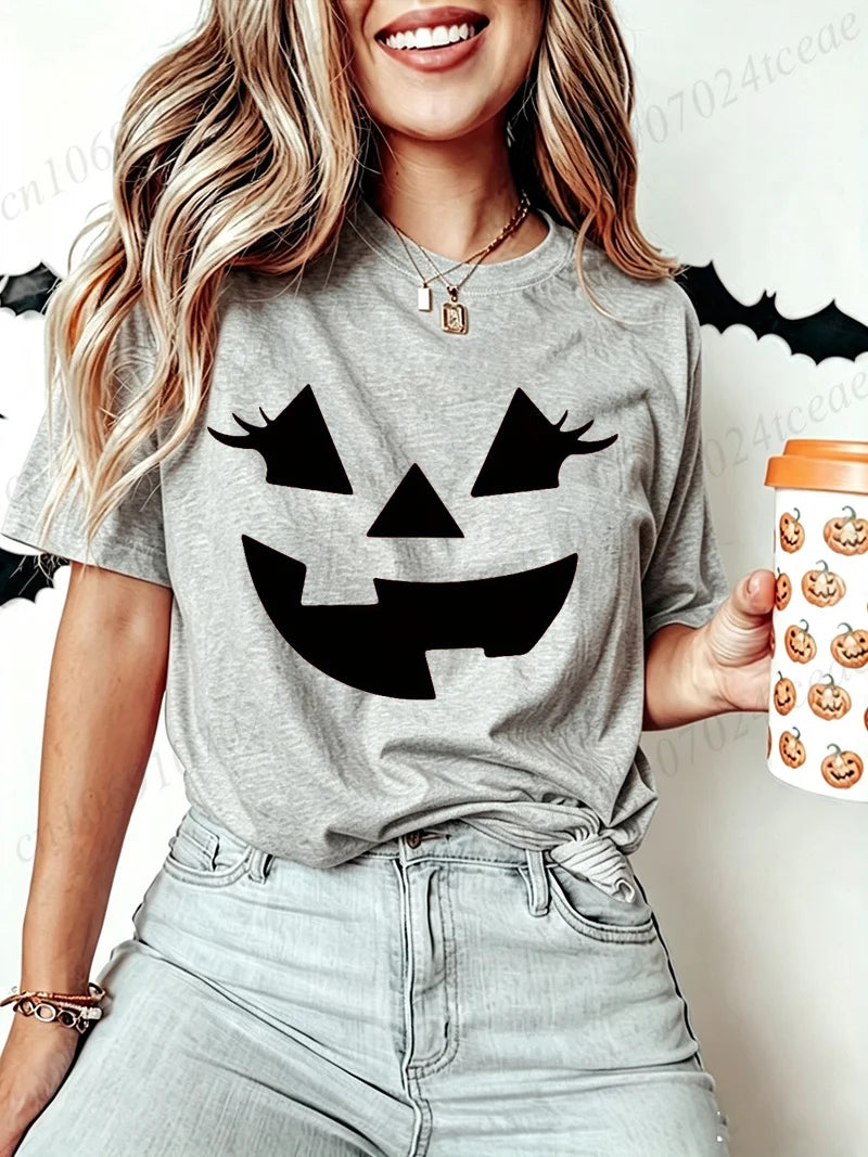 Funny Evil Pumpkin Face Halloween Women Tees Funny Spooky Season Tshirt Female Clothes Short Sleeve Tops Fashion Graphic Shirt