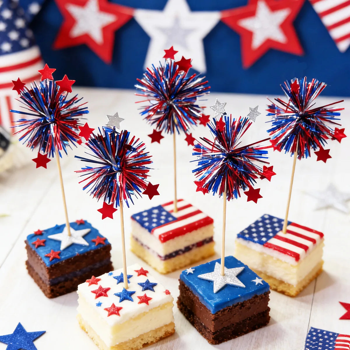 20Pcs Independence Day Theme Sequin Cake Toppers Fruit Forks for 4th of July American National Day Party Cupcake Decoration