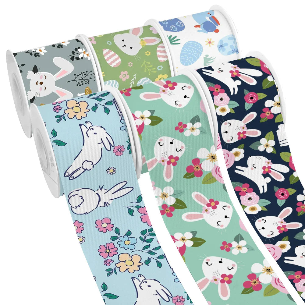 Spring Rabbit Easter Day Chick Cartoon Printed Grosgrain Satin Ribbon for Gift Wrapping Hair Bow Craft Accessory